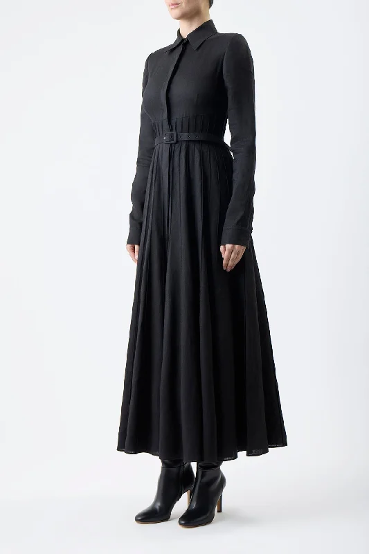 Dewi Pleated Shirtdress in Black Aloe Linen