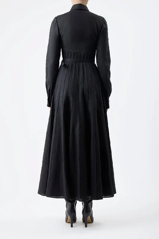 Dewi Pleated Shirtdress in Black Aloe Linen