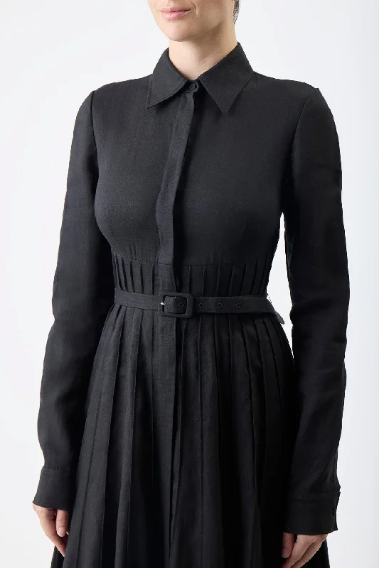 Dewi Pleated Shirtdress in Black Aloe Linen