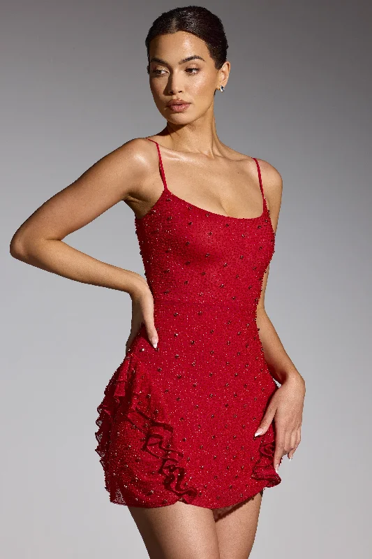 Embellished Frill Mini Dress in Red