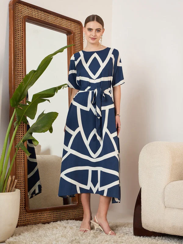 Berrylush Women Navy Blue & White Geometric Printed Round Neck Crepe Waist Tie-Up Flared Midi Dress