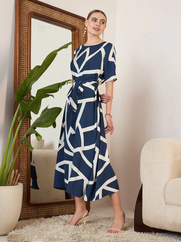 Berrylush Women Navy Blue & White Geometric Printed Round Neck Crepe Waist Tie-Up Flared Midi Dress