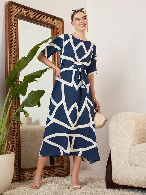 Berrylush Women Navy Blue & White Geometric Printed Round Neck Crepe Waist Tie-Up Flared Midi Dress