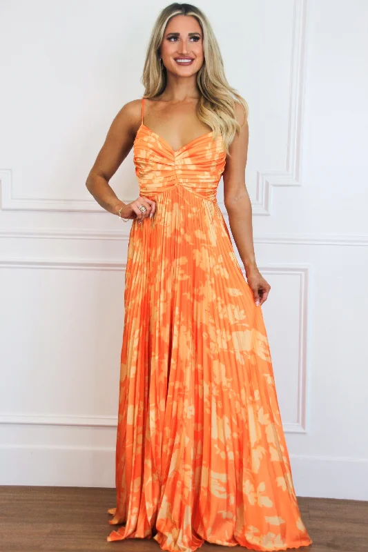 Electric Sunshine Floral Pleated Maxi Dress: Bright Orange/Yellow