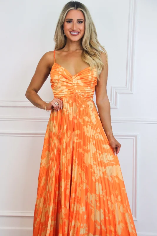 Electric Sunshine Floral Pleated Maxi Dress: Bright Orange/Yellow