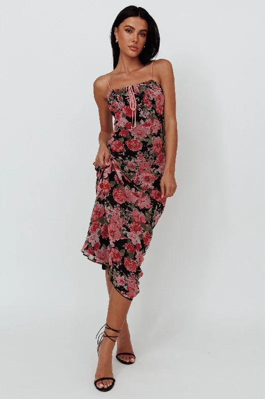 Essence String Tie Bust Maxi Dress Floral Black