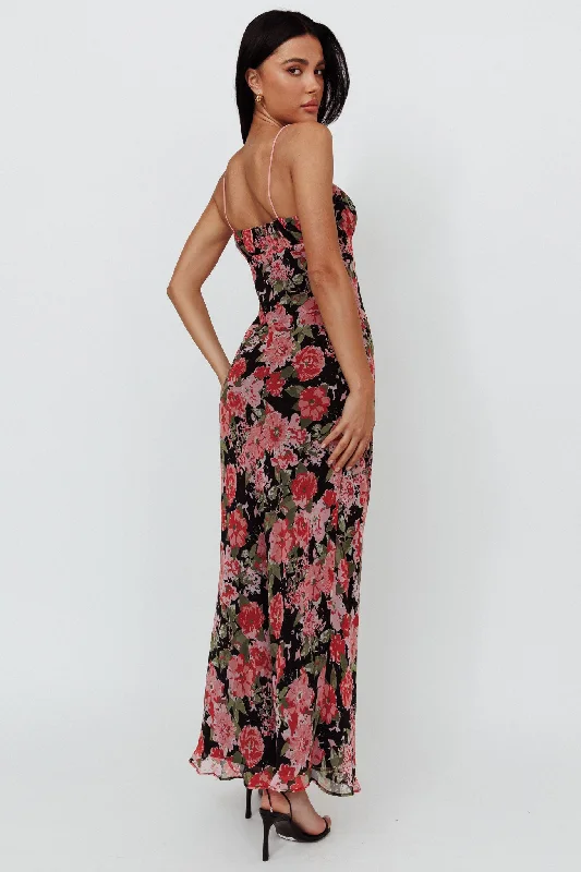 Essence String Tie Bust Maxi Dress Floral Black