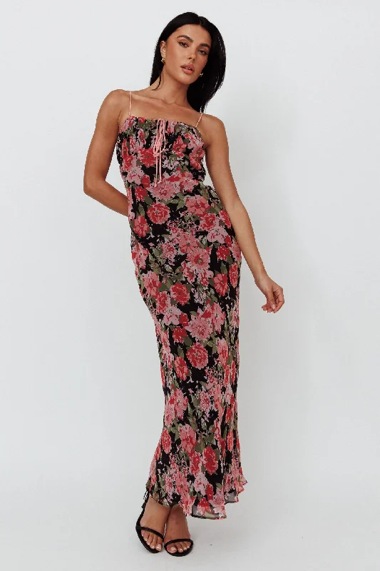 Essence String Tie Bust Maxi Dress Floral Black