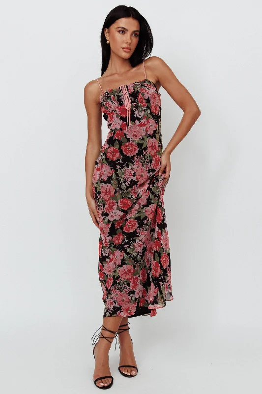 Essence String Tie Bust Maxi Dress Floral Black