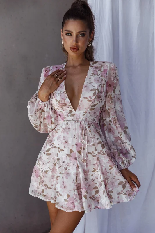 Estelle Long Sleeve V-Neckline Dress Watercolor Floral Print Rose