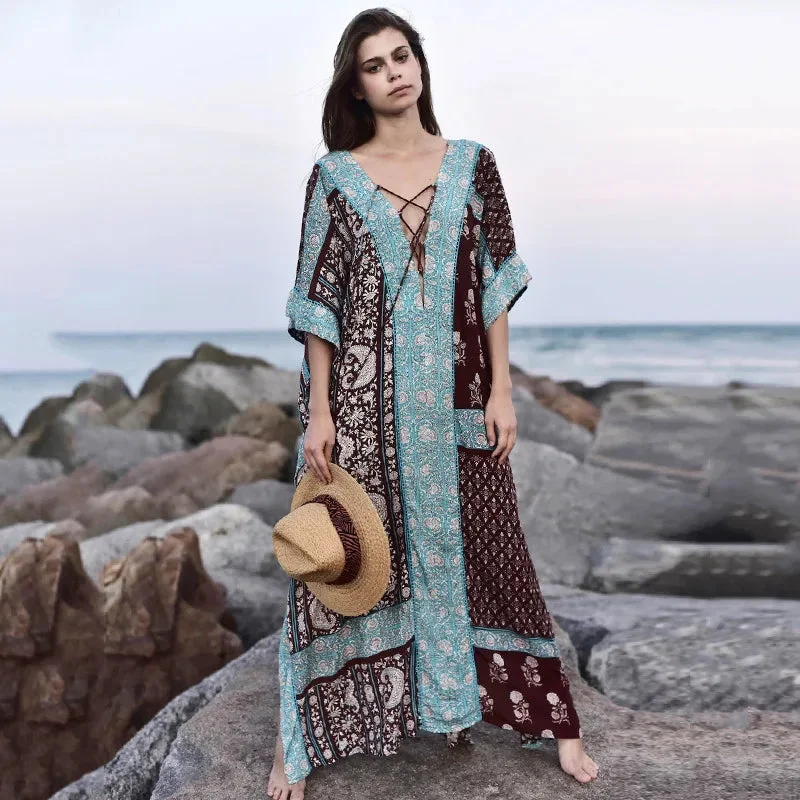 FashionSierra-Cotton Floral Print  Smock Frock  Swim Bikini Cover Up  Women  Vintage  Beach  Oversize  Summer  Long  2024  Maxi  Robe Boho Dress