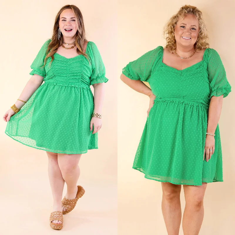 Favorite Adventure Swiss Dot Dress with Short Balloon Sleeves in Green