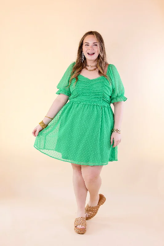 Favorite Adventure Swiss Dot Dress with Short Balloon Sleeves in Green