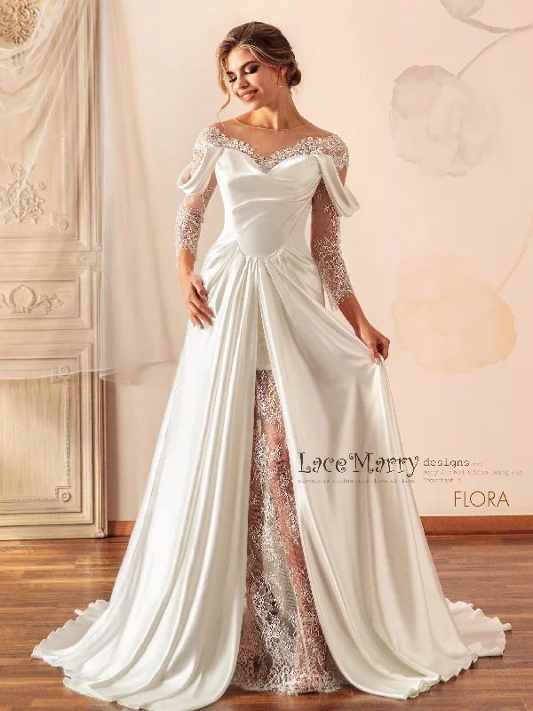 FLORA / Illusion Neck Lace Wedding Dress with Slit on the Skirt