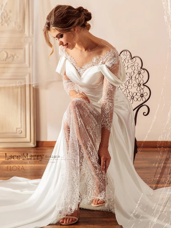 FLORA / Illusion Neck Lace Wedding Dress with Slit on the Skirt