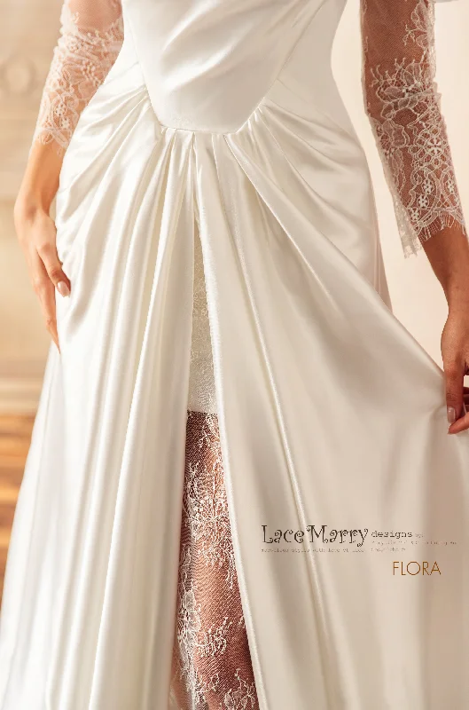 FLORA / Illusion Neck Lace Wedding Dress with Slit on the Skirt