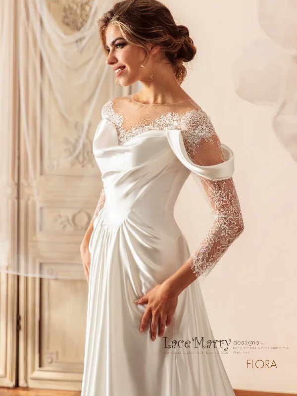 FLORA / Illusion Neck Lace Wedding Dress with Slit on the Skirt