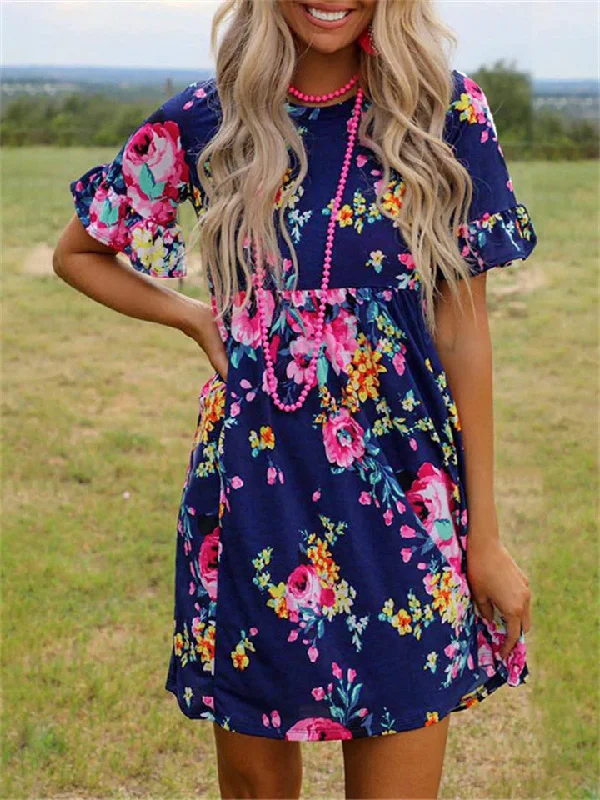 Floral Dresses Female Round Neck Sheath Knee Dress