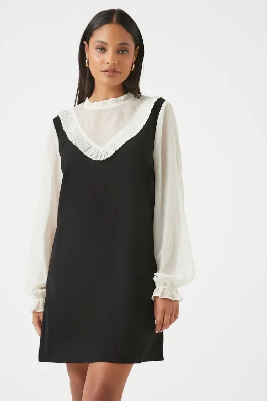 Forever 21 Women's Pleated Peasant-Sleeve Combo Dress Black/Ivory