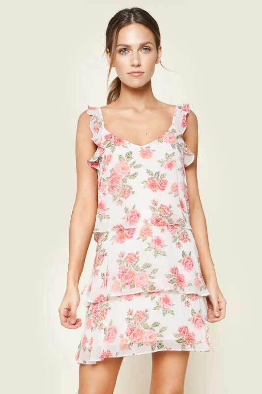 Garden Of Roses Floral Print Tiered Ruffle Mini Dress