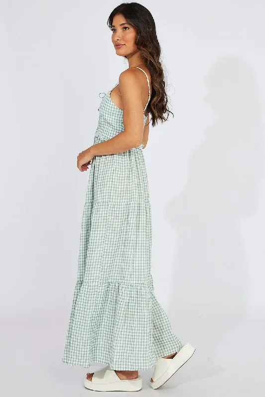 Green Check Maxi Dress Sleeveless Shirred Bust