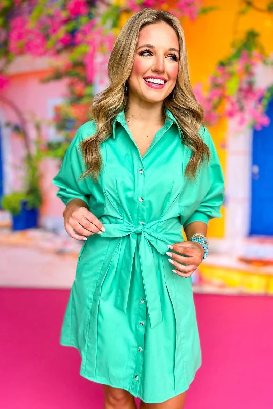 Green Collared Button Down Tie Waist Dress