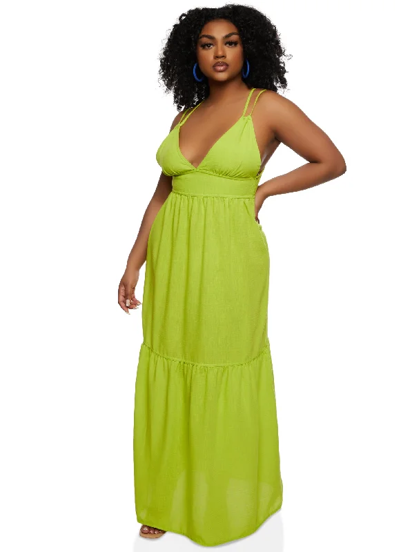 Haute Monde Linen Plunge Tiered Maxi Dress