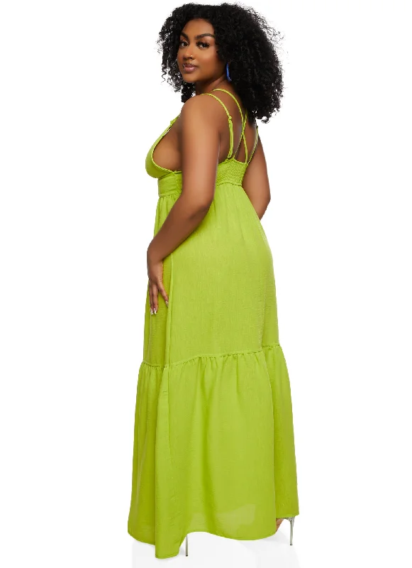 Haute Monde Linen Plunge Tiered Maxi Dress