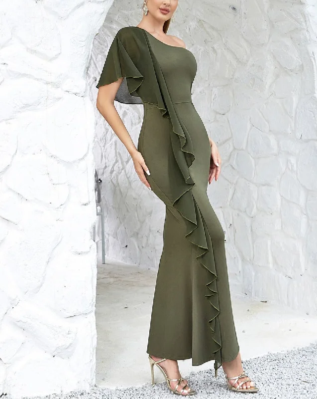 GREEN ONE SHOULDER RUFFLE TRIM DRESS