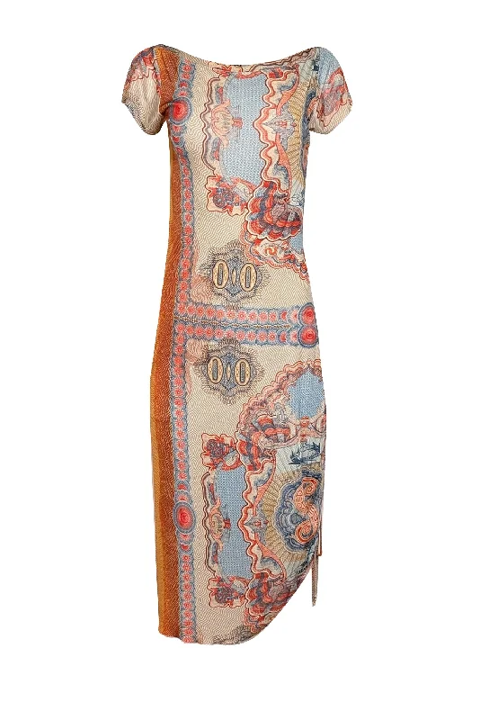 Jean Paul Gaultier - Orange, Blue, & Cream Print Short Sleeve Midi Dress Sz L