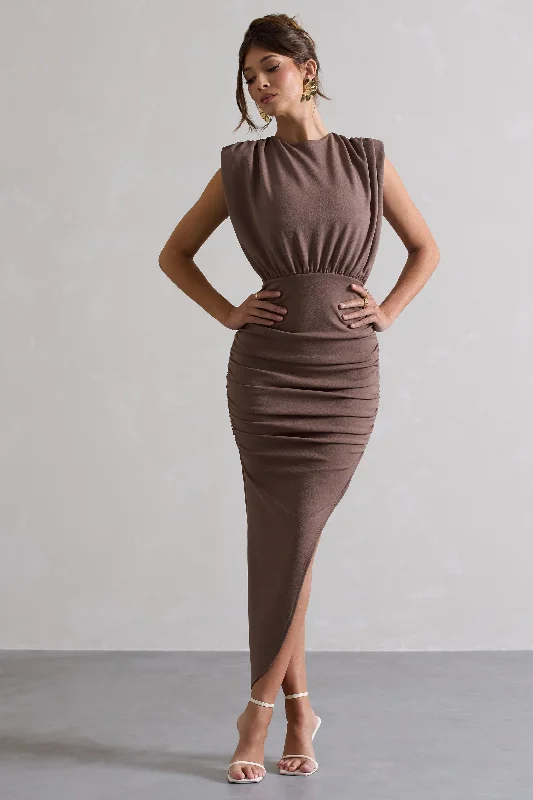 Jennifer | Mocha Sleeveless Maxi Dress With Asymmetric Hem