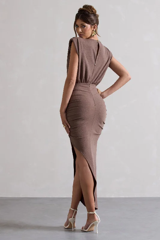 Jennifer | Mocha Sleeveless Maxi Dress With Asymmetric Hem