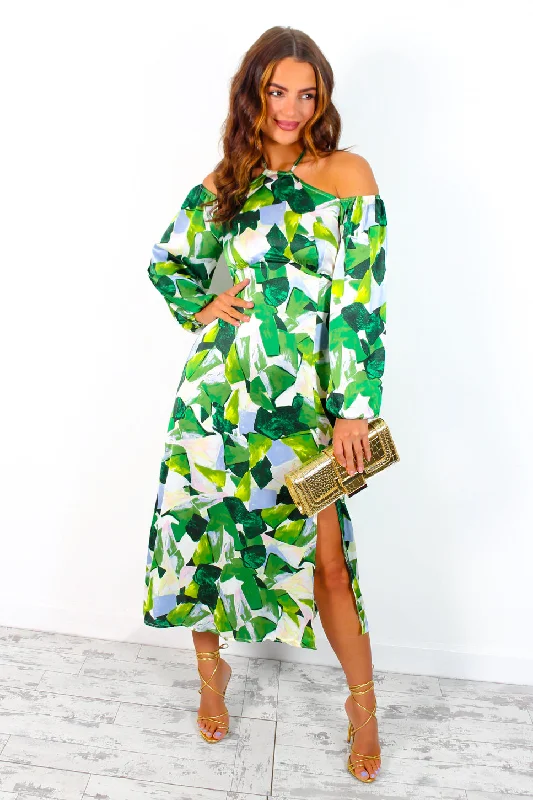 Just Be Good To Me - Green Abstract Print Halter Neck Midi Dress