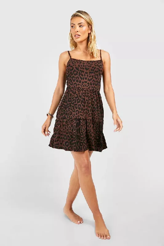 Leopard Swing Beach Mini Dress Brown