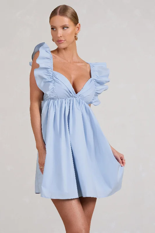 Let's Laze | Blue Poplin Smocked Mini Dress With Frilled Straps