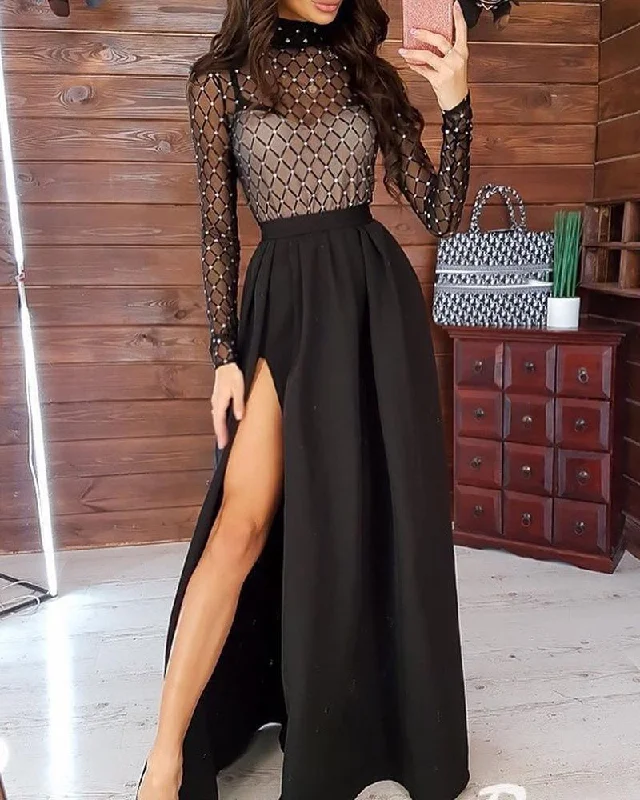 FashionSierra - Long Sleeve Stamping Mock Neck Plaid Sheer Mesh Maxi Dress