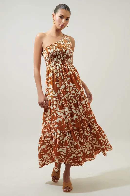 Marida Caramel Floral Smocked One Shoulder Lys Maxi Dress