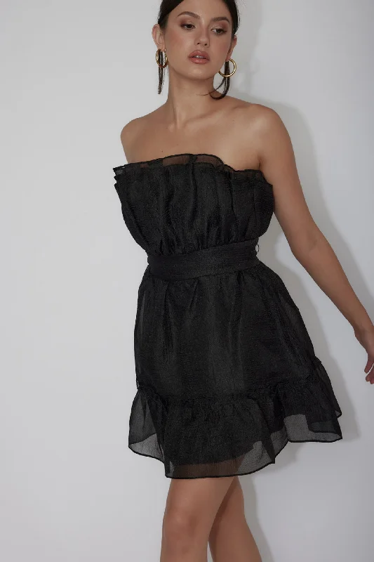 Marisela Strapless Frill Hem Mini Dress Black