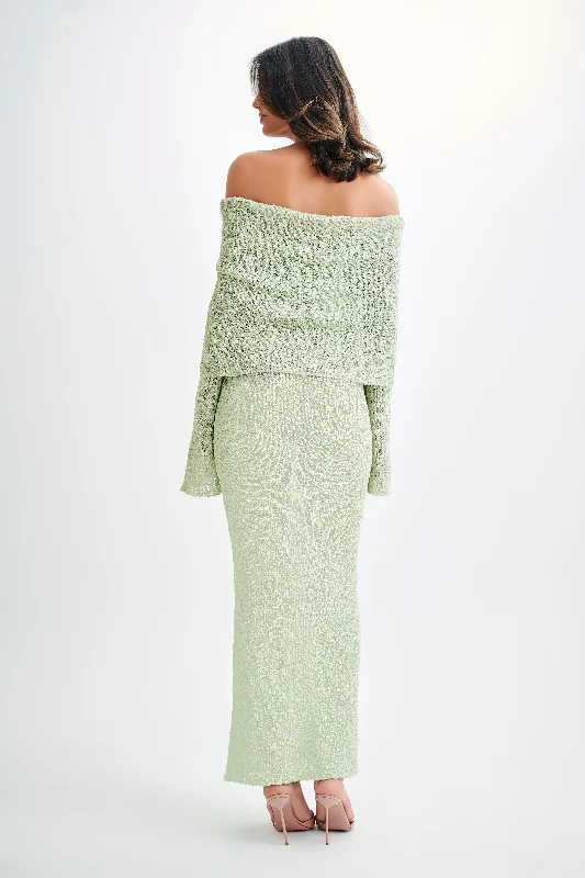 Marisol Off Shoulder Boucle Maxi Dress - Pastel Green