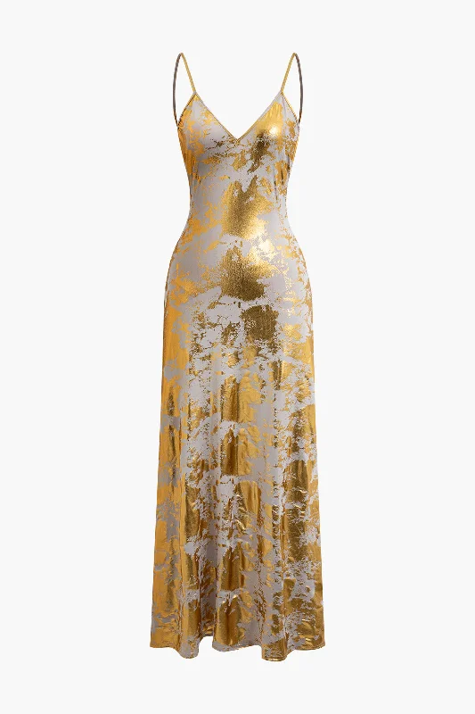 Metallic Print V-neck Backless Slip Maxi Dress