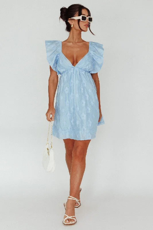 Melrose Place Floral Textured Frill Dress Powder Blue