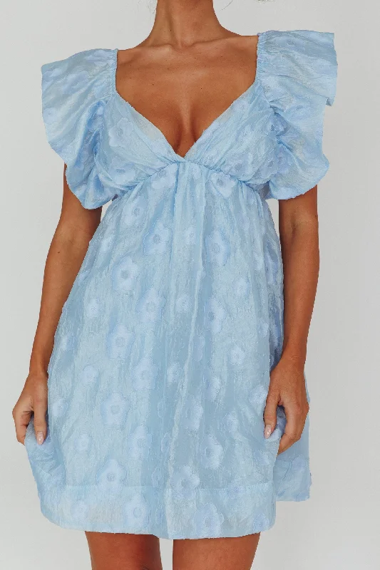 Melrose Place Floral Textured Frill Dress Powder Blue