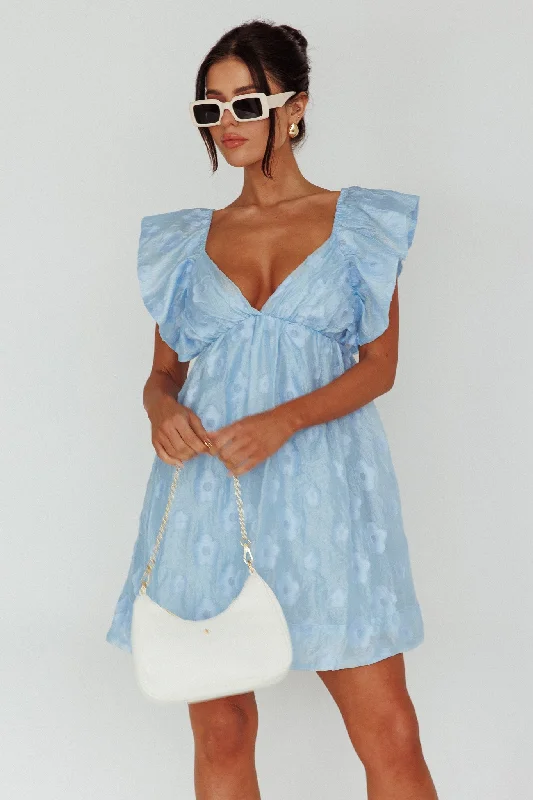 Melrose Place Floral Textured Frill Dress Powder Blue