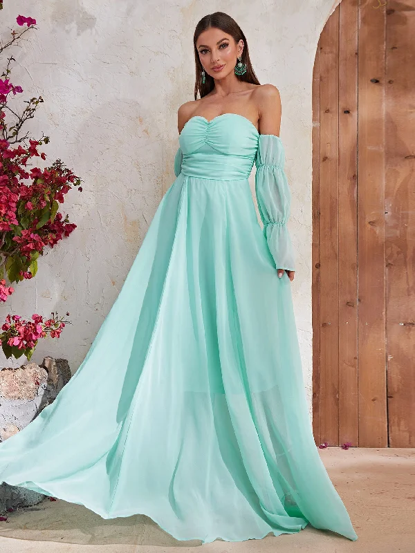 NiDELL Dress Summer Women's New Mint Green Long Sleeve Gentle Elegant Tube Top Chiffon Dress-JC225-4