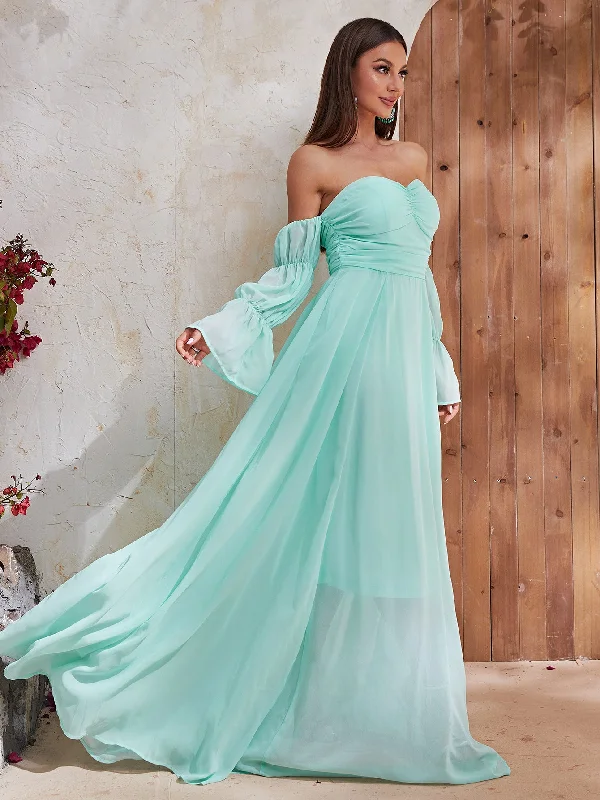 NiDELL Dress Summer Women's New Mint Green Long Sleeve Gentle Elegant Tube Top Chiffon Dress-JC225-4