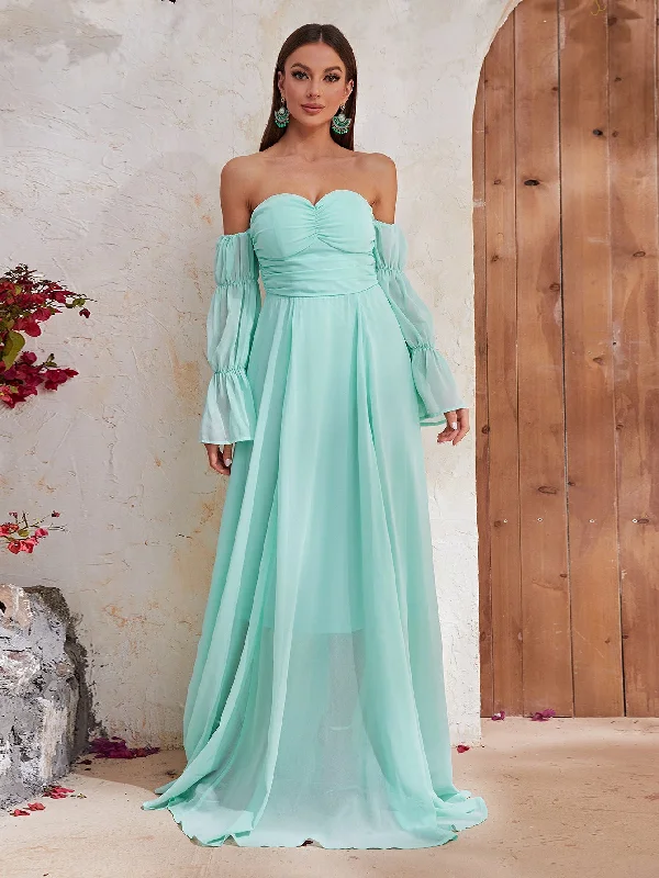 NiDELL Dress Summer Women's New Mint Green Long Sleeve Gentle Elegant Tube Top Chiffon Dress-JC225-4