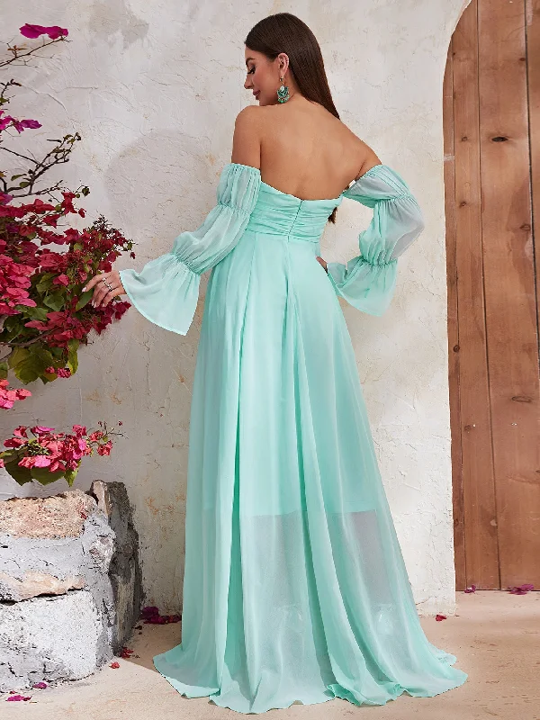 NiDELL Dress Summer Women's New Mint Green Long Sleeve Gentle Elegant Tube Top Chiffon Dress-JC225-4