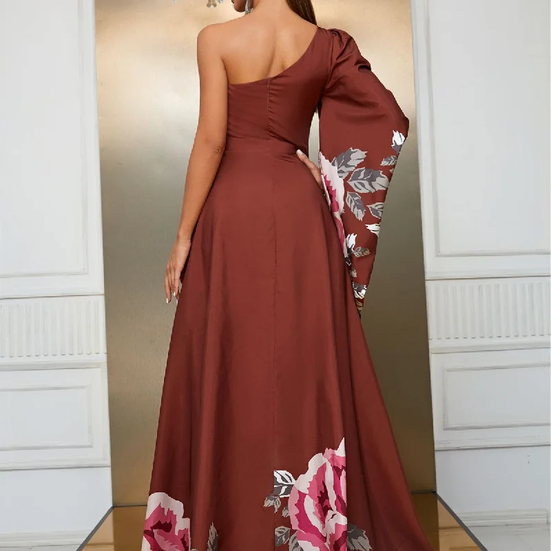 NiDELL European and American Design Long Dress Foreign Trade Popular Style Chiffon Single Sleeve Long Dress Split Dress-SSY262-1