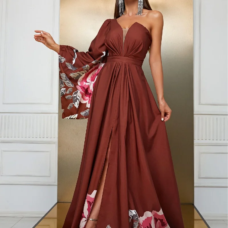 NiDELL European and American Design Long Dress Foreign Trade Popular Style Chiffon Single Sleeve Long Dress Split Dress-SSY262-1