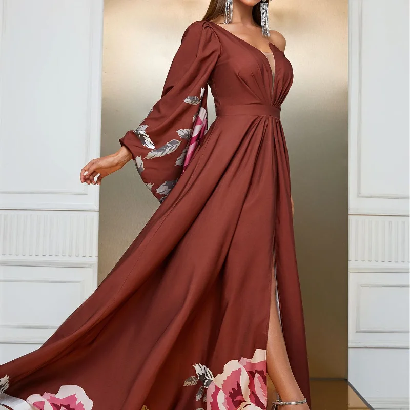 NiDELL European and American Design Long Dress Foreign Trade Popular Style Chiffon Single Sleeve Long Dress Split Dress-SSY262-1